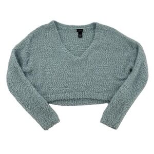 Rue21 Womens Cropped Popcorn Eyelash Knit Sweater V-Neck Seafoam Blue Green L